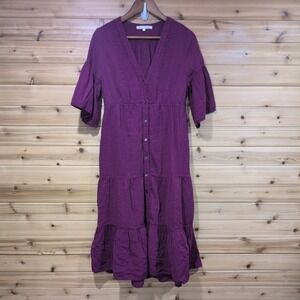 Xirena Cotton Gauze Button Front Tiered Kendall Midi Dress Plum Purple Small